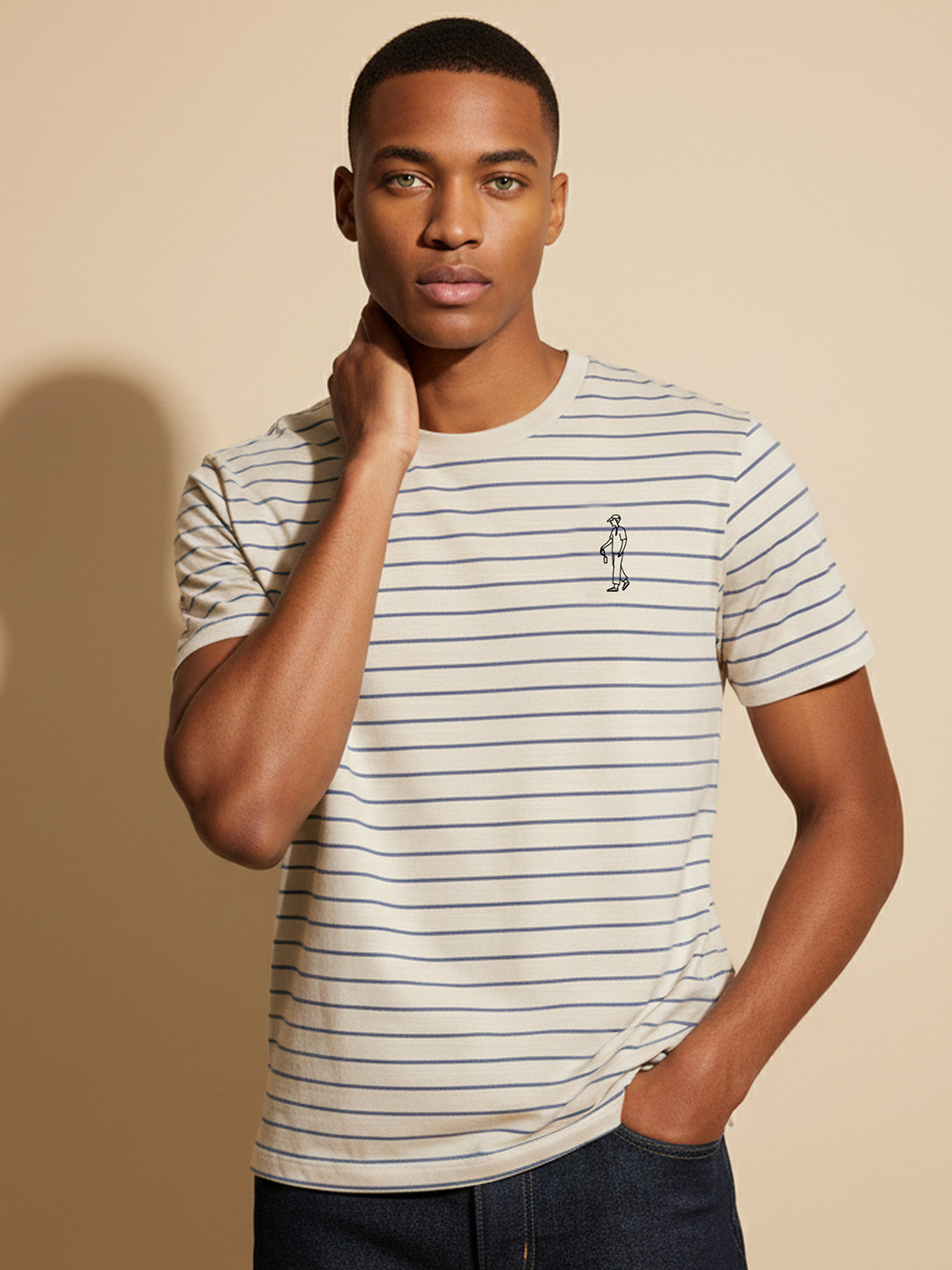 BARE BROWN Men Striped Crew Neck Slim Fit Pure Cotton T-Shirt