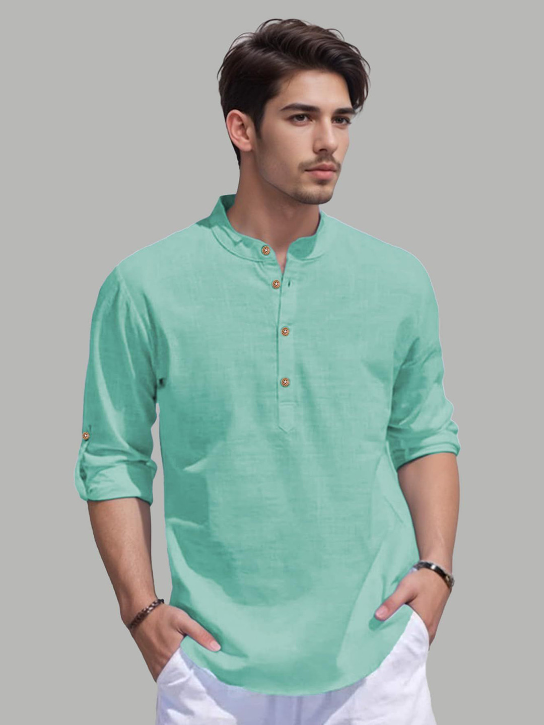 EdinWolf Band Collar Roll-Up Sleeves Straight Pure Cotton Short Kurta