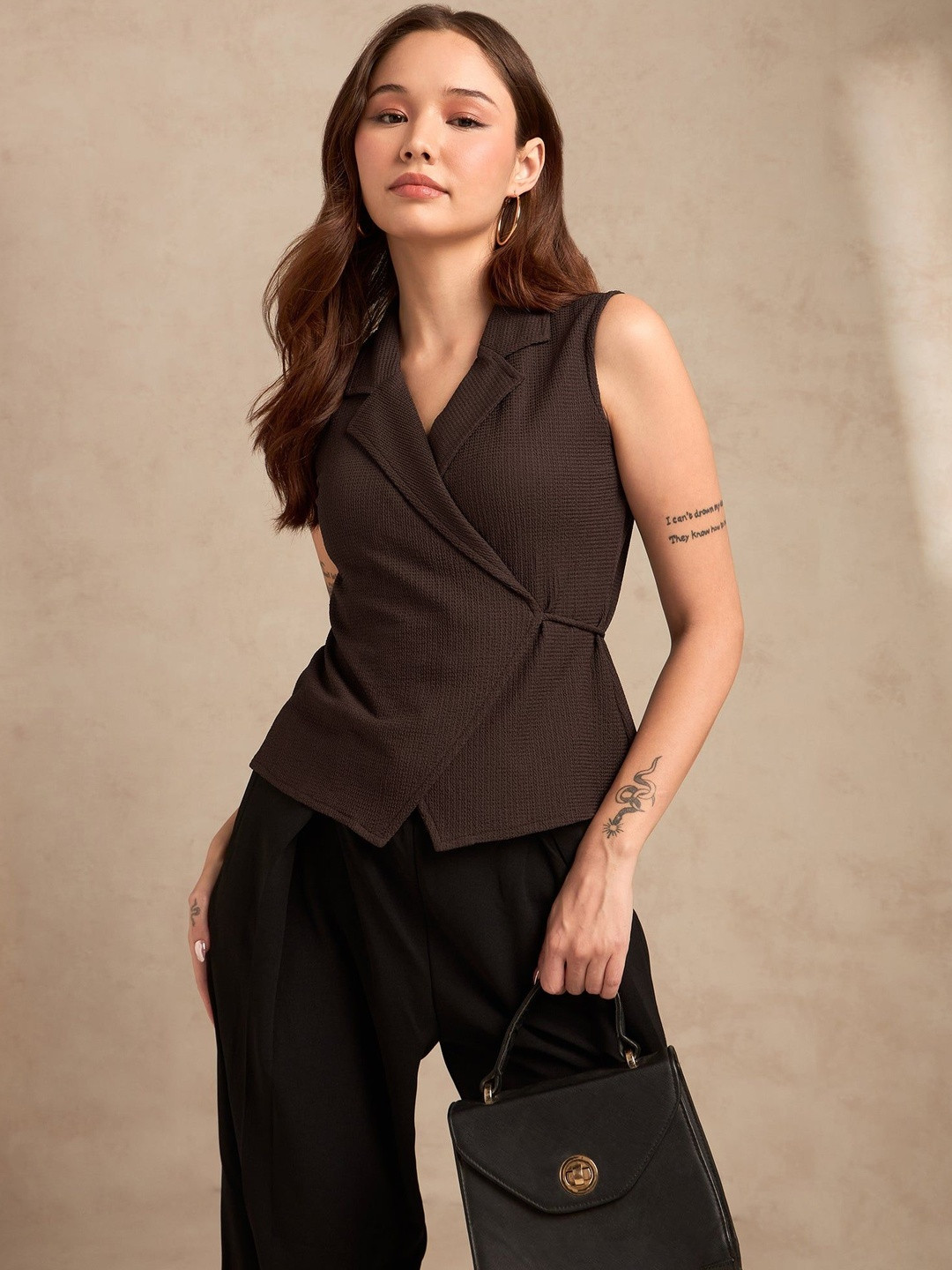 Outzidr Brown Sleeveless Blazer Top With Wrap Tie Up