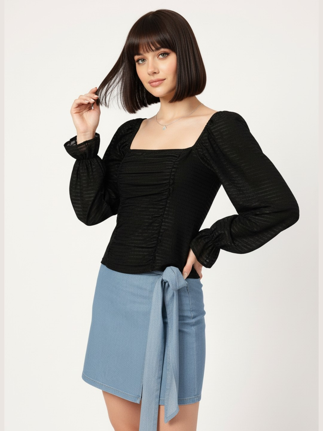 DressBerry Soft Grunge Glam Self Checked Smocked Ruched Top