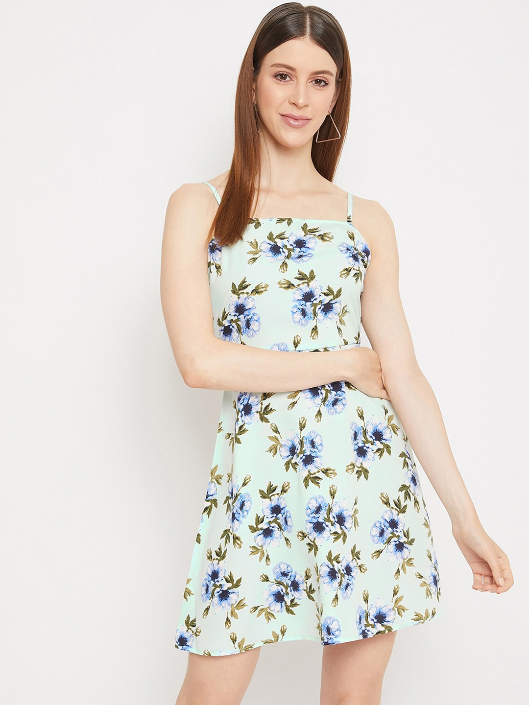 Berrylush Women Mint Green & Blue Floral Crepe Dress