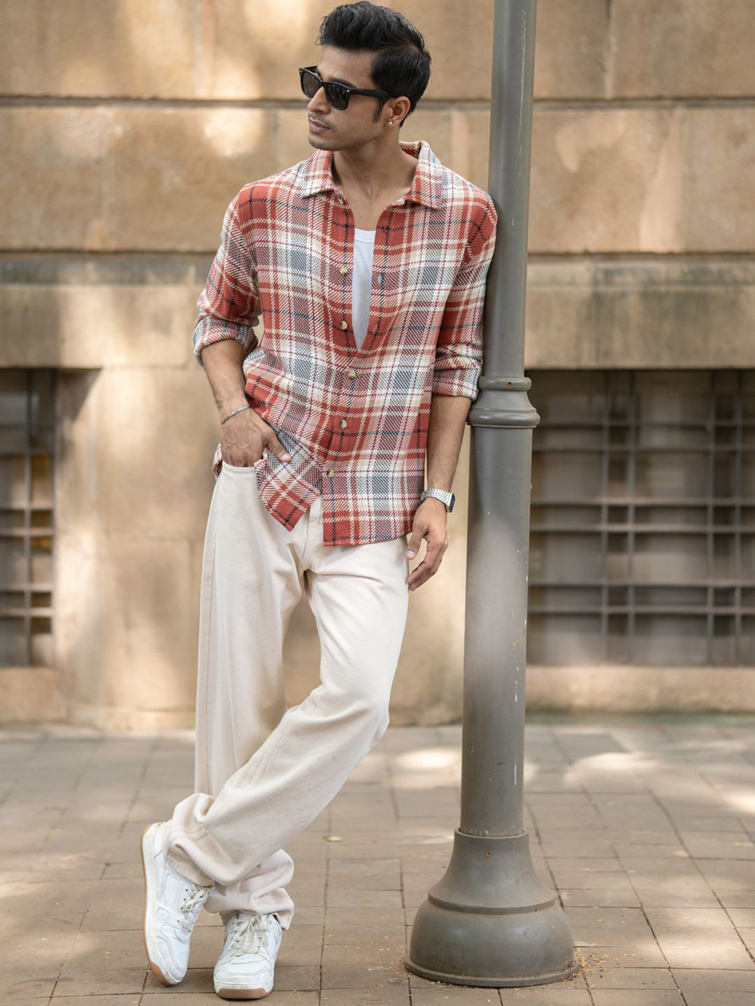Powerlook Men Tartan Checked Spread Collar Casual Shirt