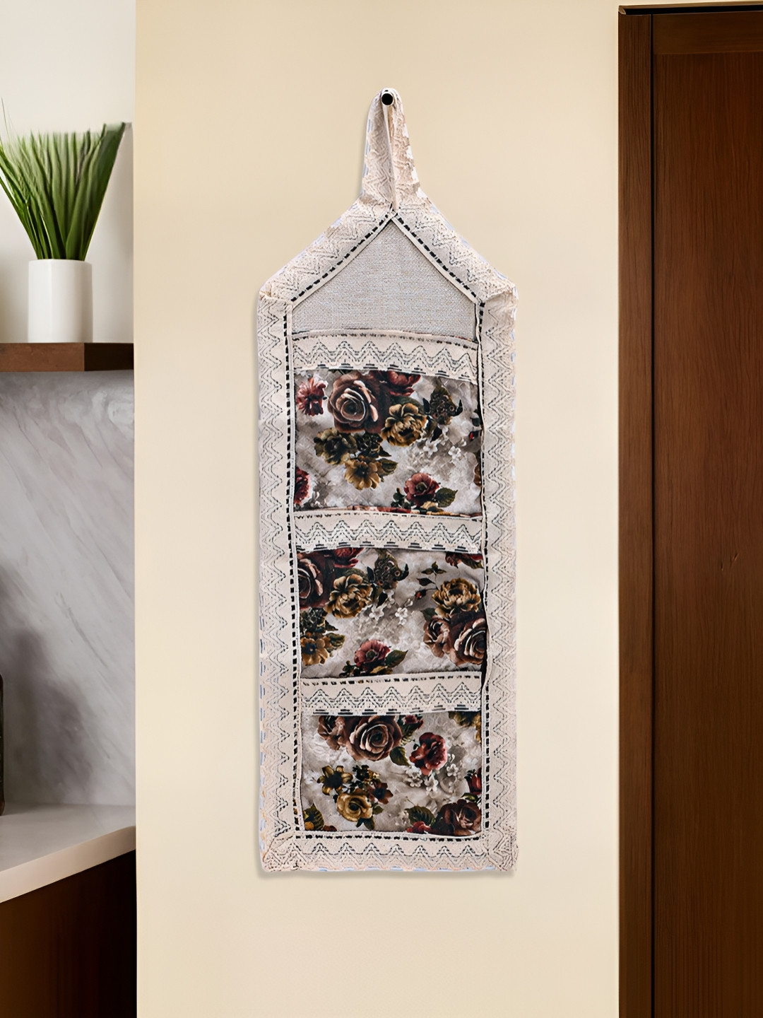 Aura Brown & Ctream-Colored Printed Hanging Magazine Organiser With 3 Pockets