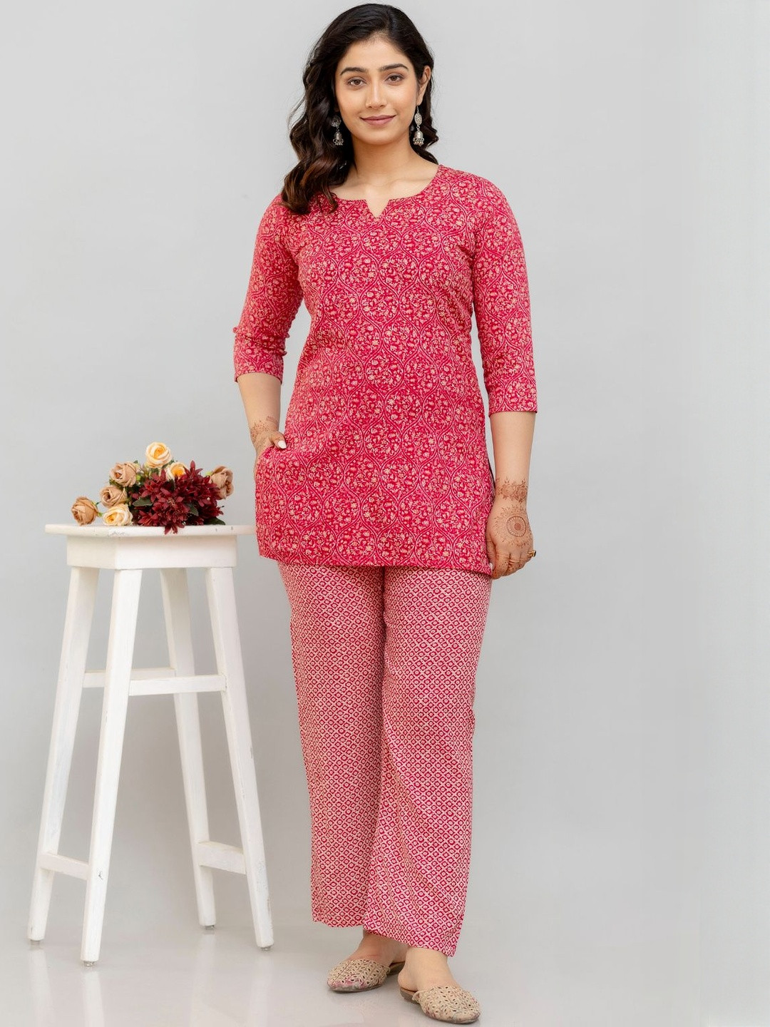 mad fury Printed V-Neck Top  With Trousers Co-Ords