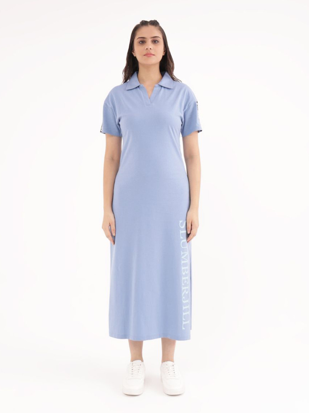 Slumber Jill Solid T-shirt Polo Collar Short Sleeves Midi Dress
