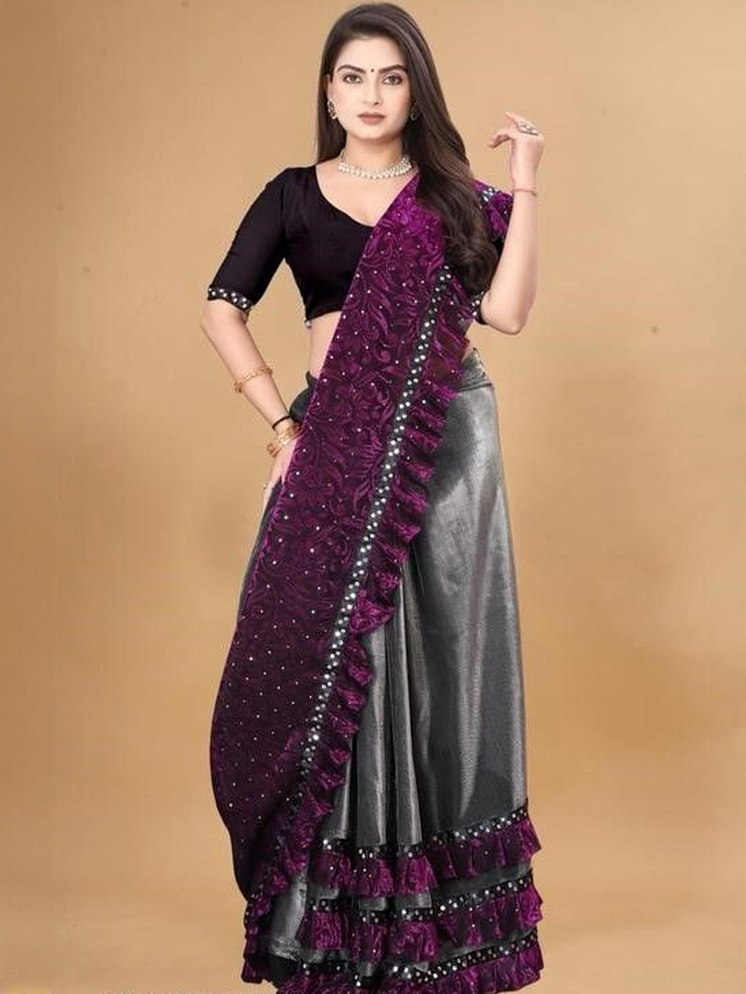 fashion field Ethnic Motifs Mirror Work Half and Half Saree