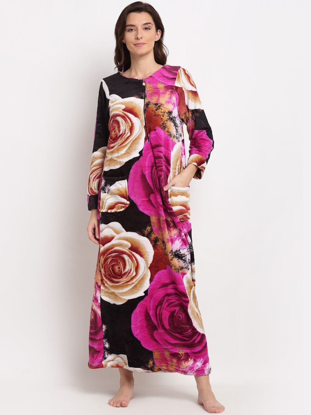 Overlock Women Free Size Printed Fleece Printed Maxi Nightdress