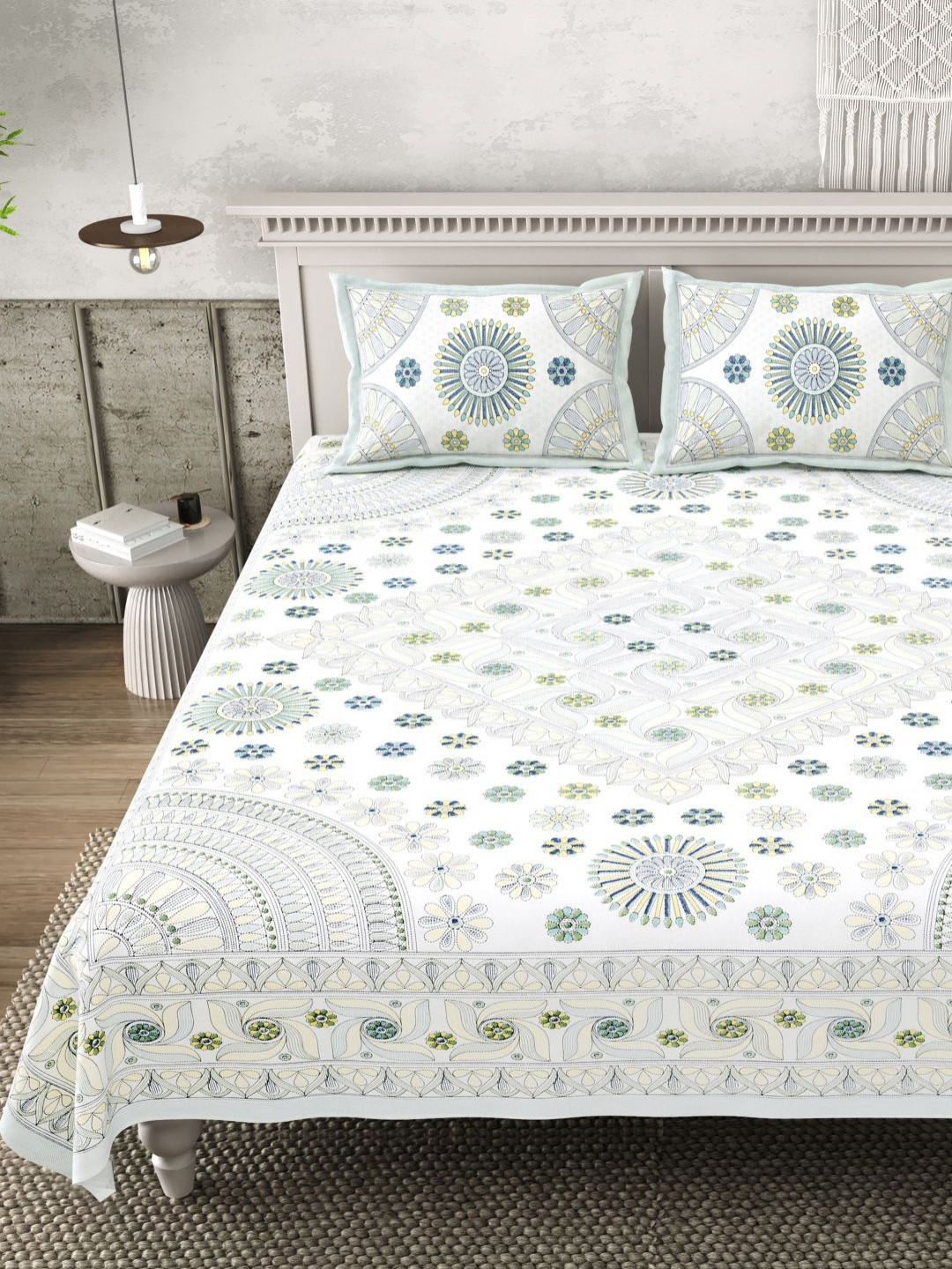 Plarsh Comfort White & Green Printed Cotton 240 TC King Bedsheet Set-2.4 m x 2.74 m