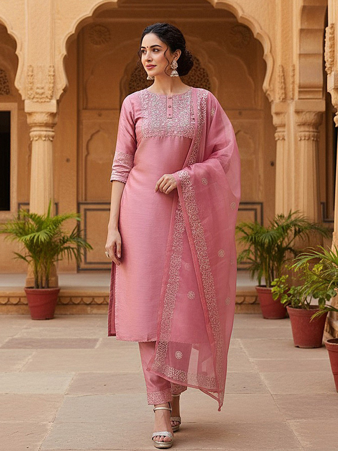 KALINI Floral Yoke Designed Regular Kurta With Trousers & Dupatta