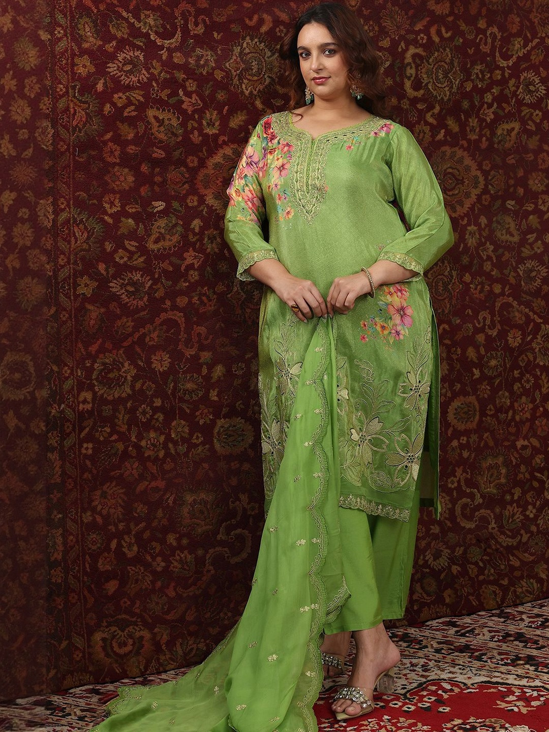 EXTRA LOVE BY LIBAS Floral Embroidered Thread Work Straight Kurta With Trouser & Dupatta