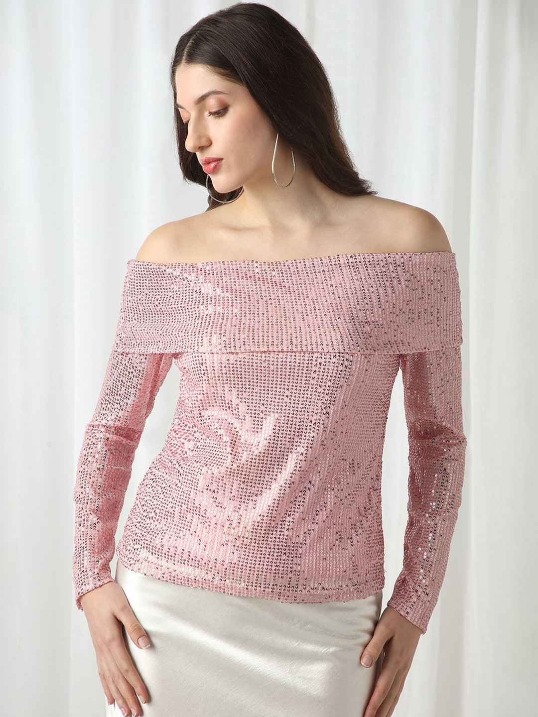 Globus Women Embellished Sequined Bling & Sparkly Off Shoulder Party Top