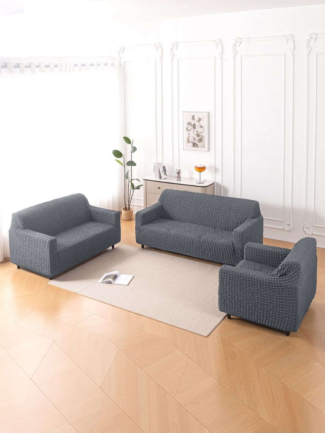 HOKIPO Aria Nova Dark Grey 3 Pieces 6 Seater Stretchable Fully Covered Bubble Sofa Covers