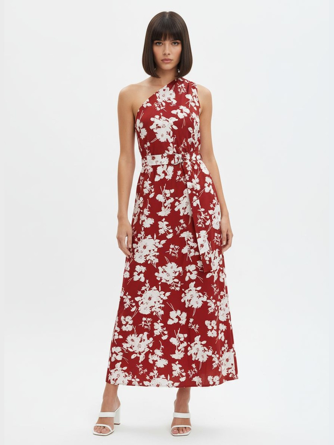 DressBerry Floral Print One Shoulder A-Line Maxi Dress with Belted Detail