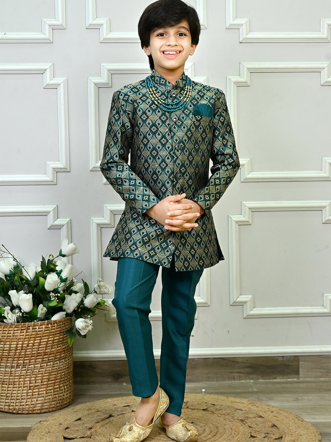 ahhaaaa Boys Floral Woven Design Sequinned Jodhpuri Kurta With Trousers & Maala