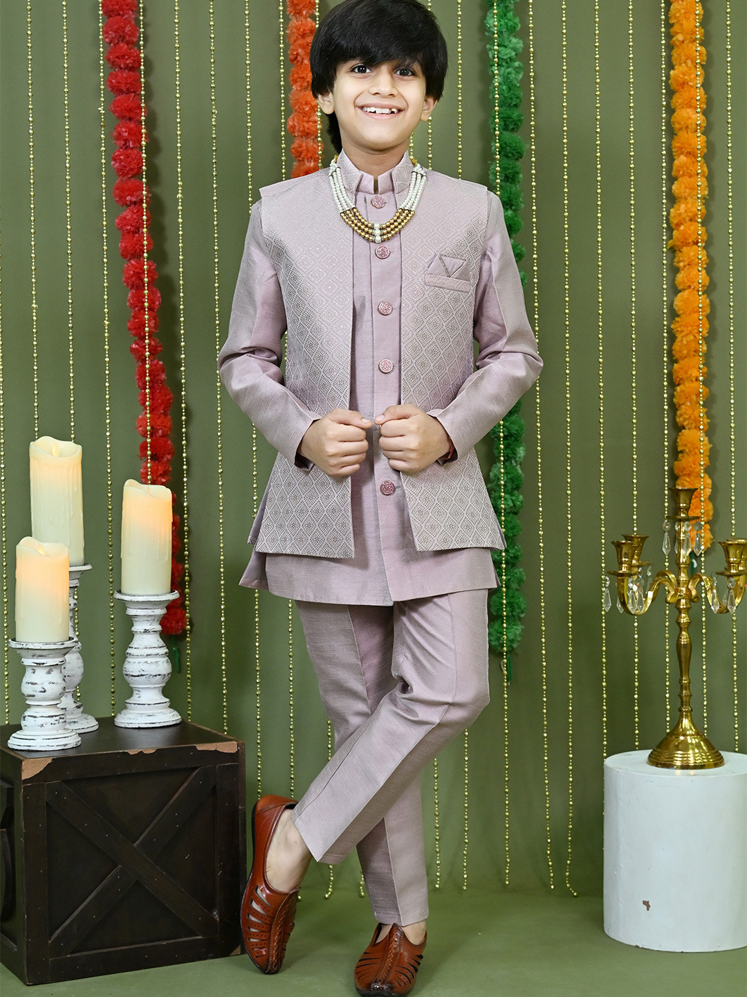 ahhaaaa Boys Mandarin Collar Straight Kurta With Trousers & Printed Nehru Jacket And Maala