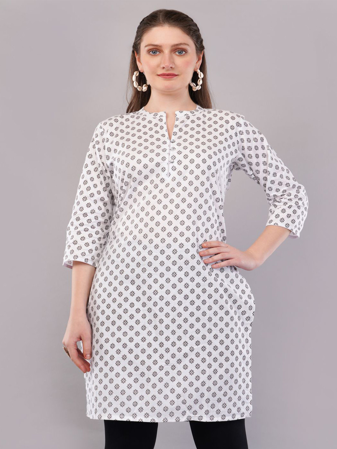 EELIKA Floral Printed Notch Neck Pure Cotton Straight Kurta