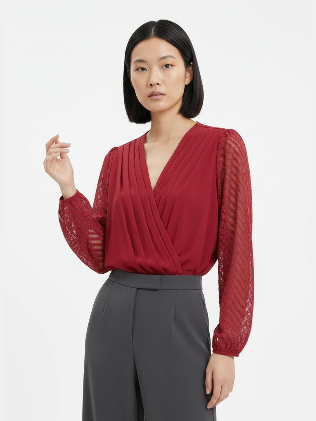 DressBerry Pleated Sheer Dobby Sleeves Plunging V-Neck Wrap Bodysuit