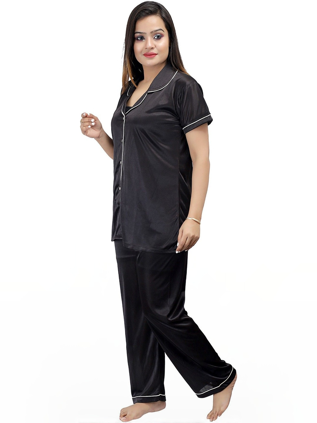 Clothus Women Solid Satin Shirt & Pyjama Night suits