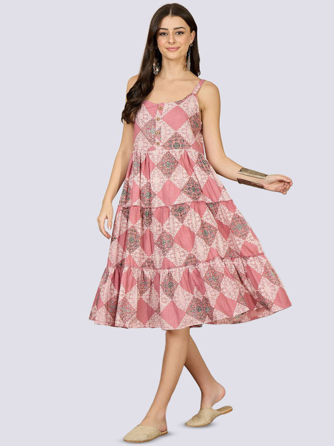 VANSIRI Printed Shoulder Strap Fit & Flare Midi Dress