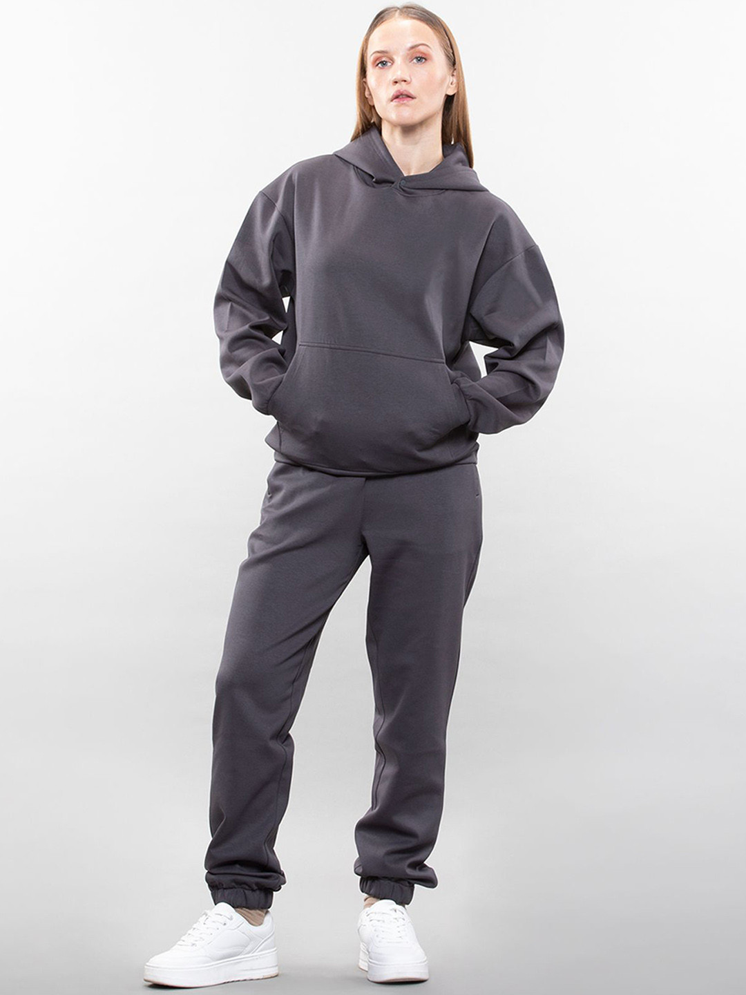 LOVE PANGOLIN Women Charcoal Solid Hooded Sweatshirt and Jogger Set