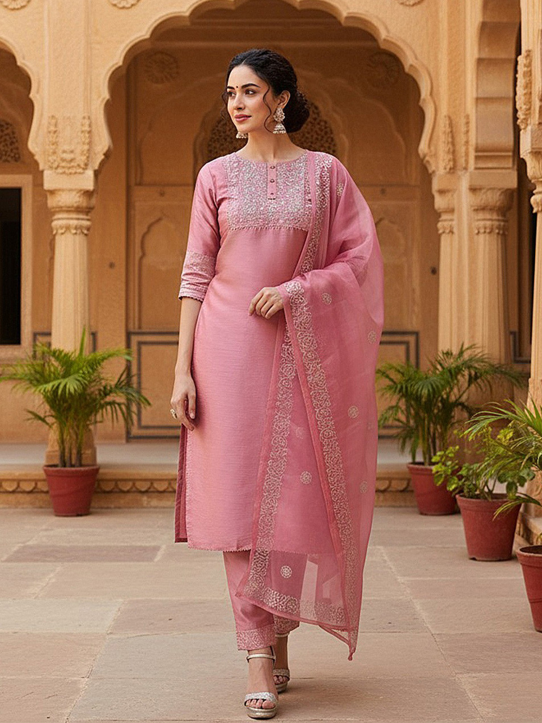 AHIKA Women Pink Floral Embroidered High Slit Kurti with Trousers & With Dupatta