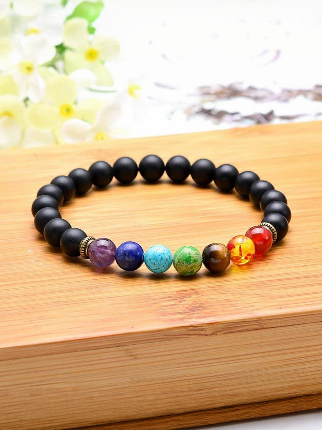 SENROAR Adults Black 7 Chakra Metal Crystals Elasticated Bracelet