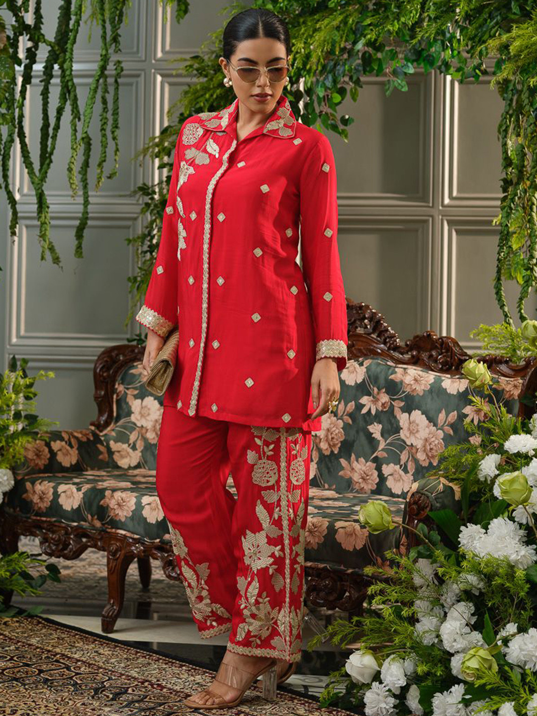 House of Pataudi Embroidered Shirt Collar Tunic & Palazzos Co-Ords