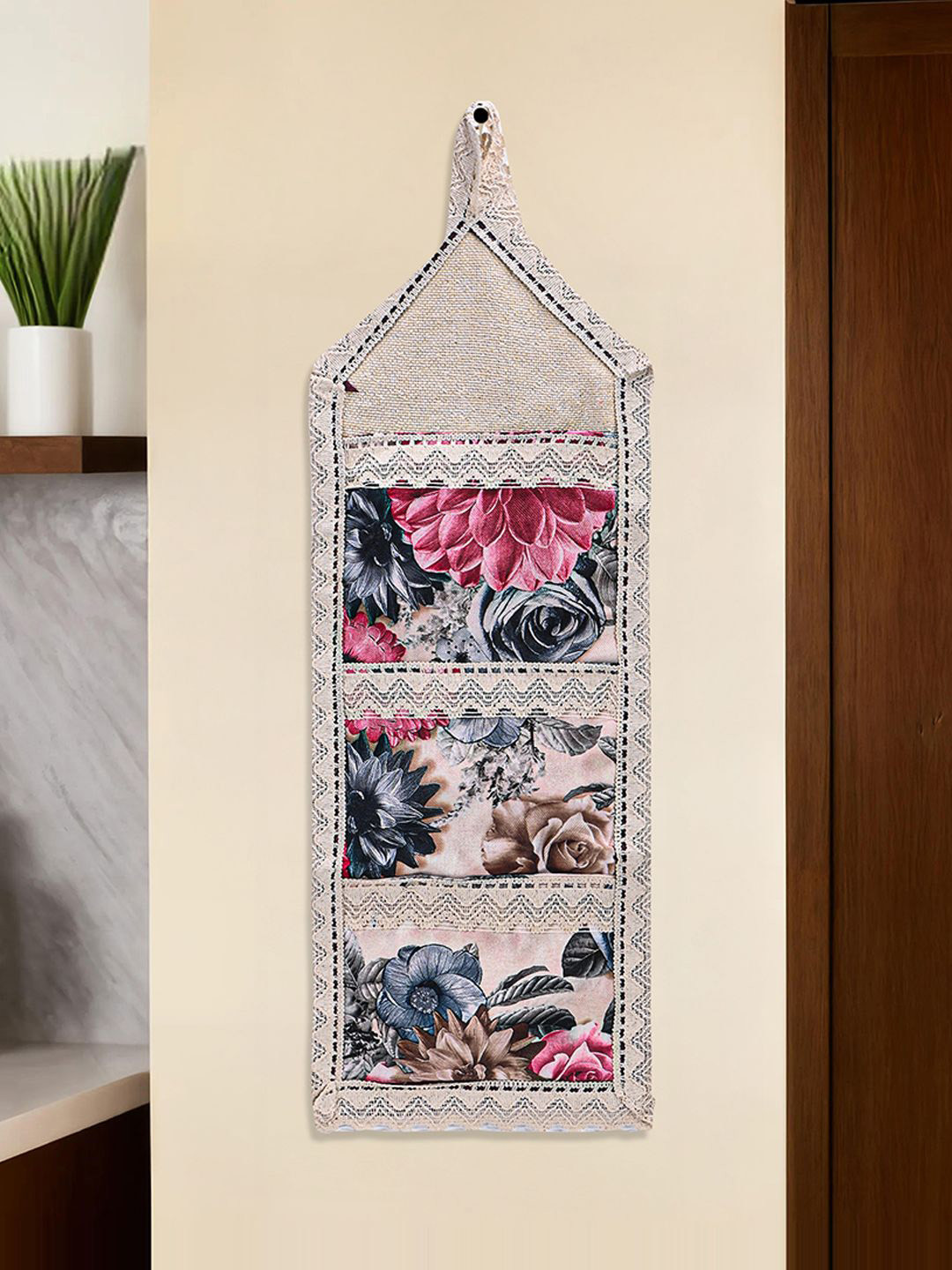 Kuber Industries Cream-Coloured Cotton Magazine Organiser with 3 Pockets