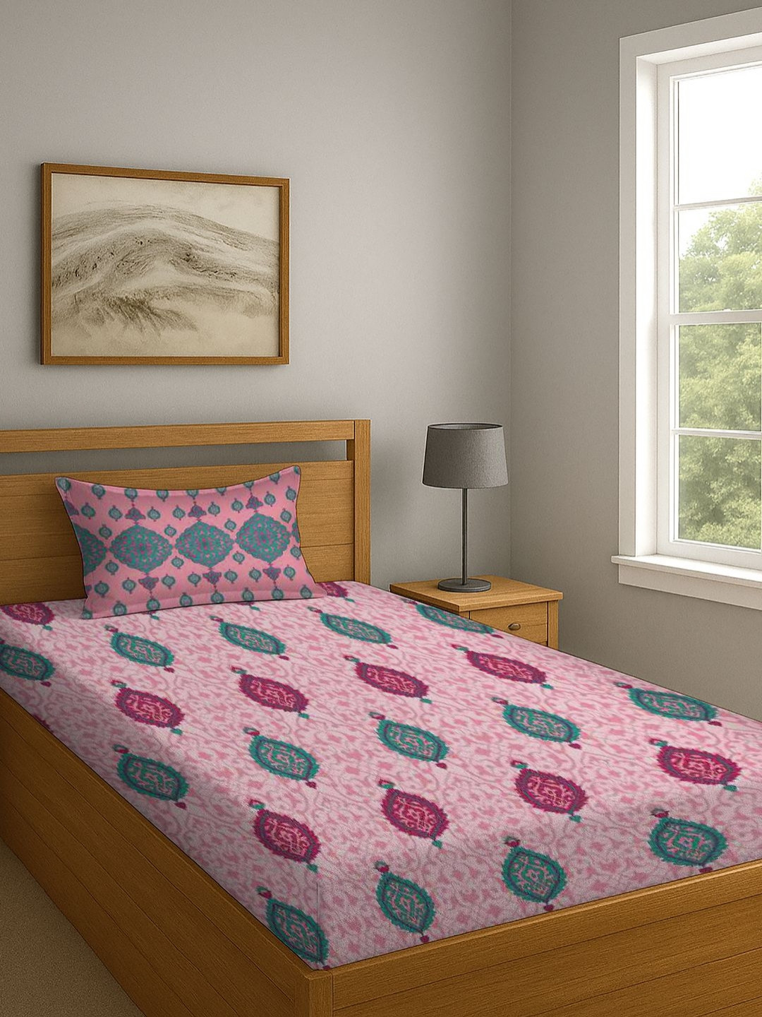 BOMBAY DYEING Magenta & Teal 104 TC Pure Cotton Single Bedsheet With 1 Pillow Cover