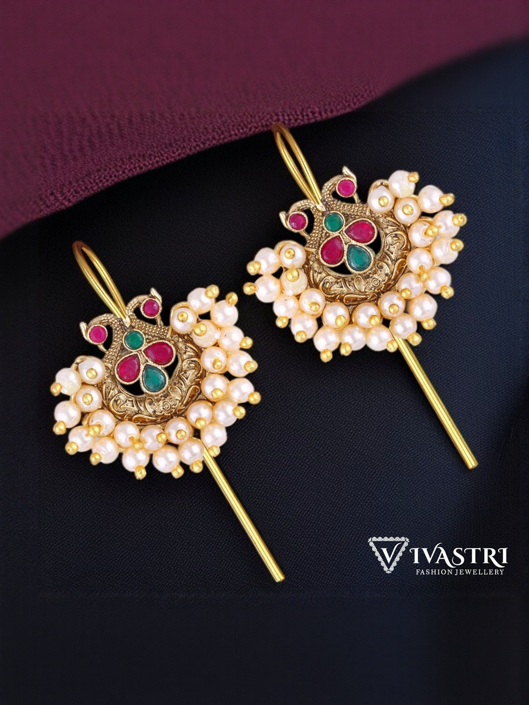 VIVASTRI Gold Plated Artificial Stones Studded & Beaded Ear Cuffs