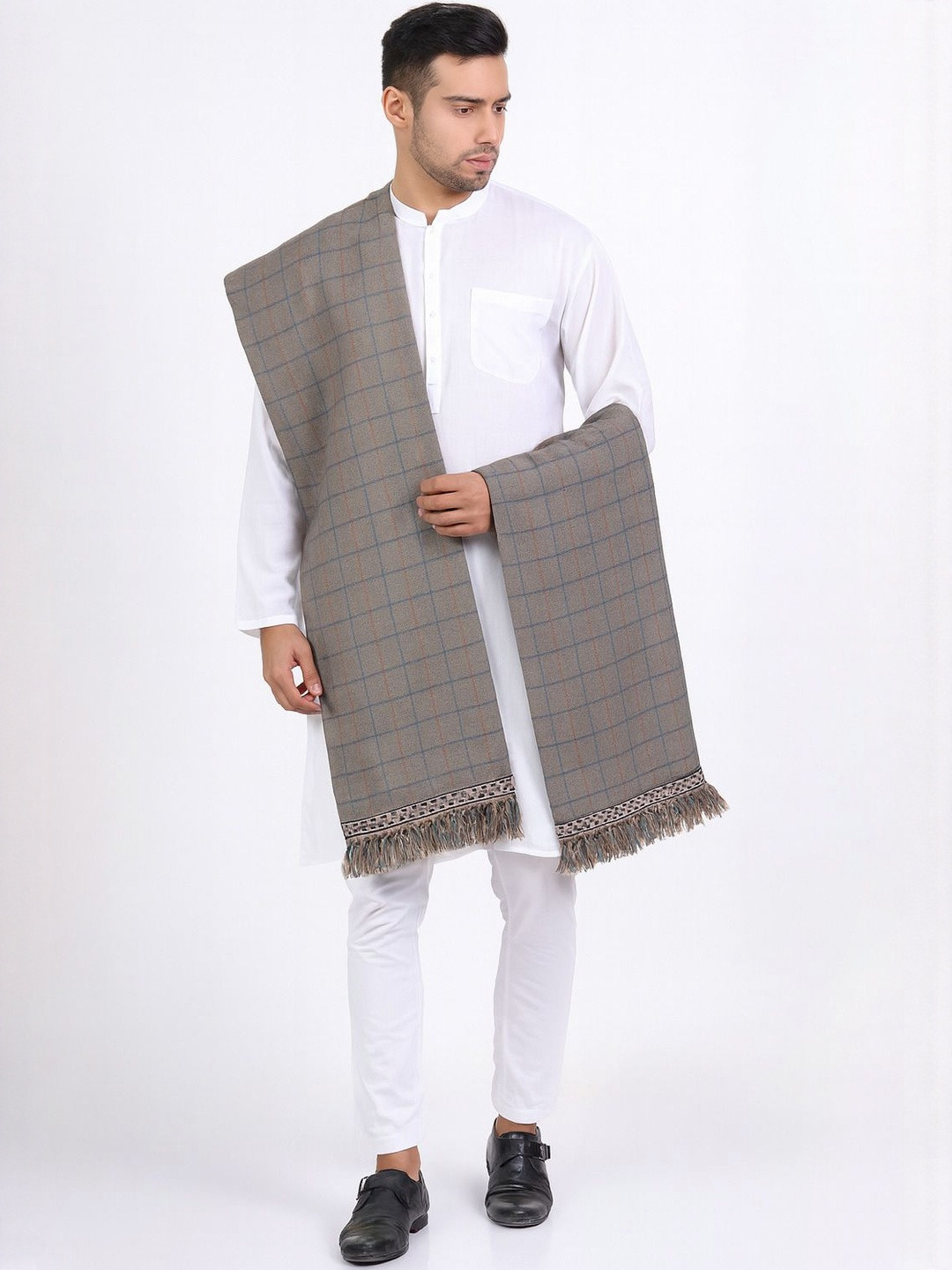 Vrinde Men Beige And Grey Checkered Pure Woolen Regular Shawl