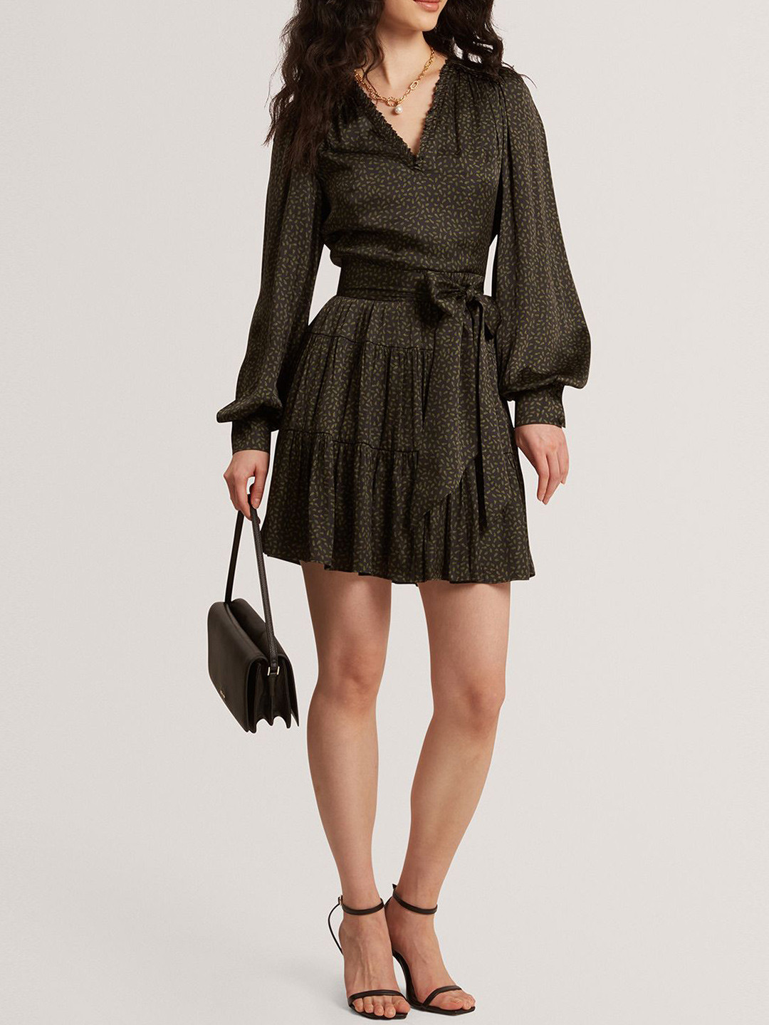 Ted Baker Women Micro Leaf Printed Belted Tiered A-Line Dress