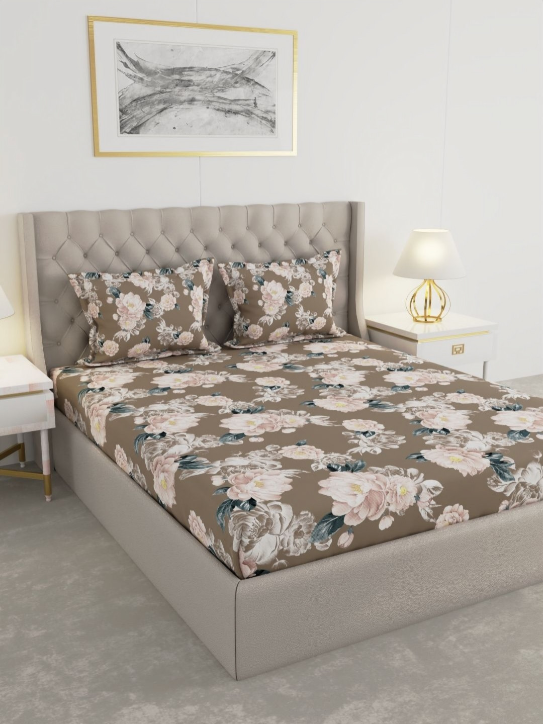 Raymond Home Brown & Pink Printed 100 TC Queen Bedsheet Set-2.25 m x 2.50 m