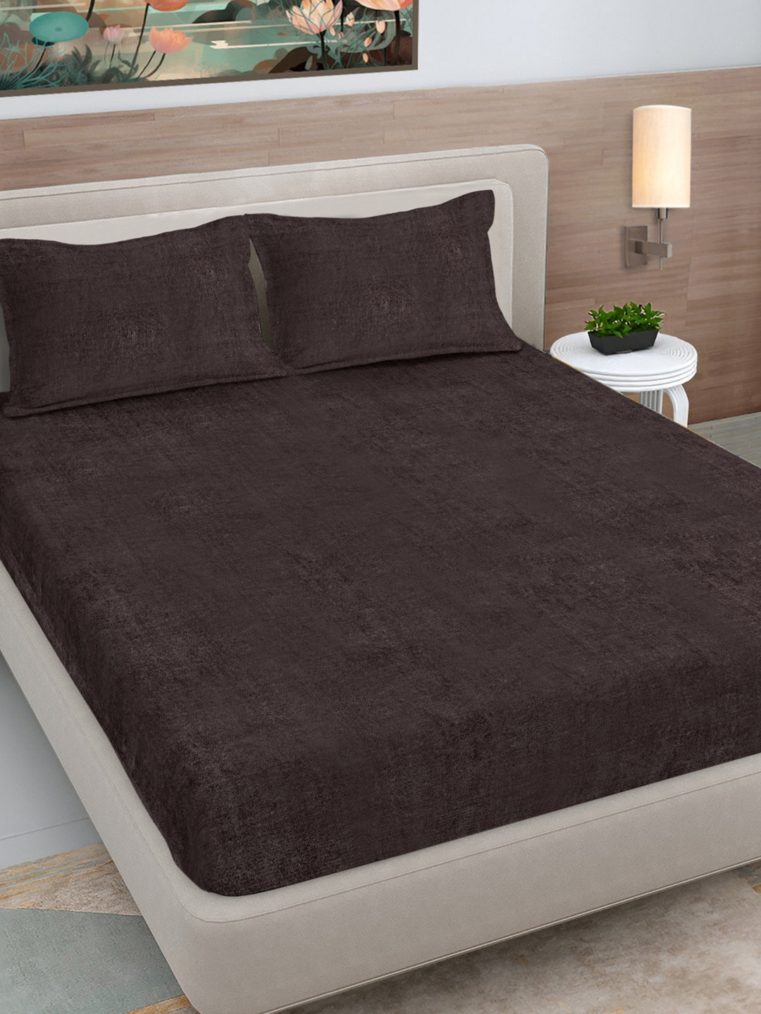 FABINALIV Coffee Coffee Brown Wool 300 TC Fitted King Fine Bedsheet with 2 Pillow Covers-98 x 89 inches