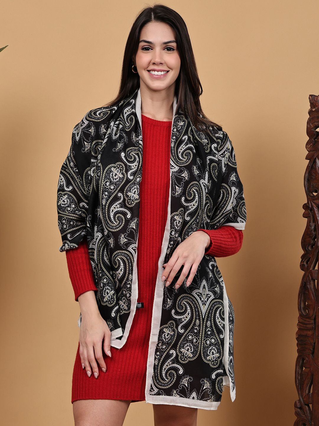 LOOM LEGACY Women Paisley Printed Woolen Stoles With Taping Border