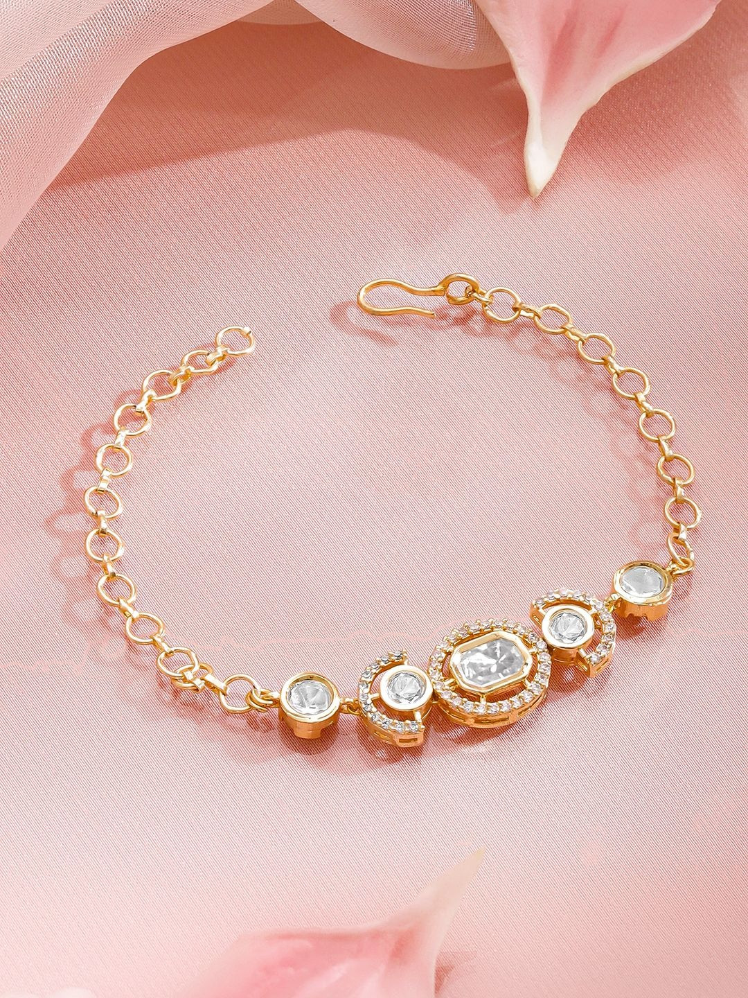 Rubans 22K Gold-Plated Brass Oval Kundan & White Cubic Zirconia Link Chain Bracelet