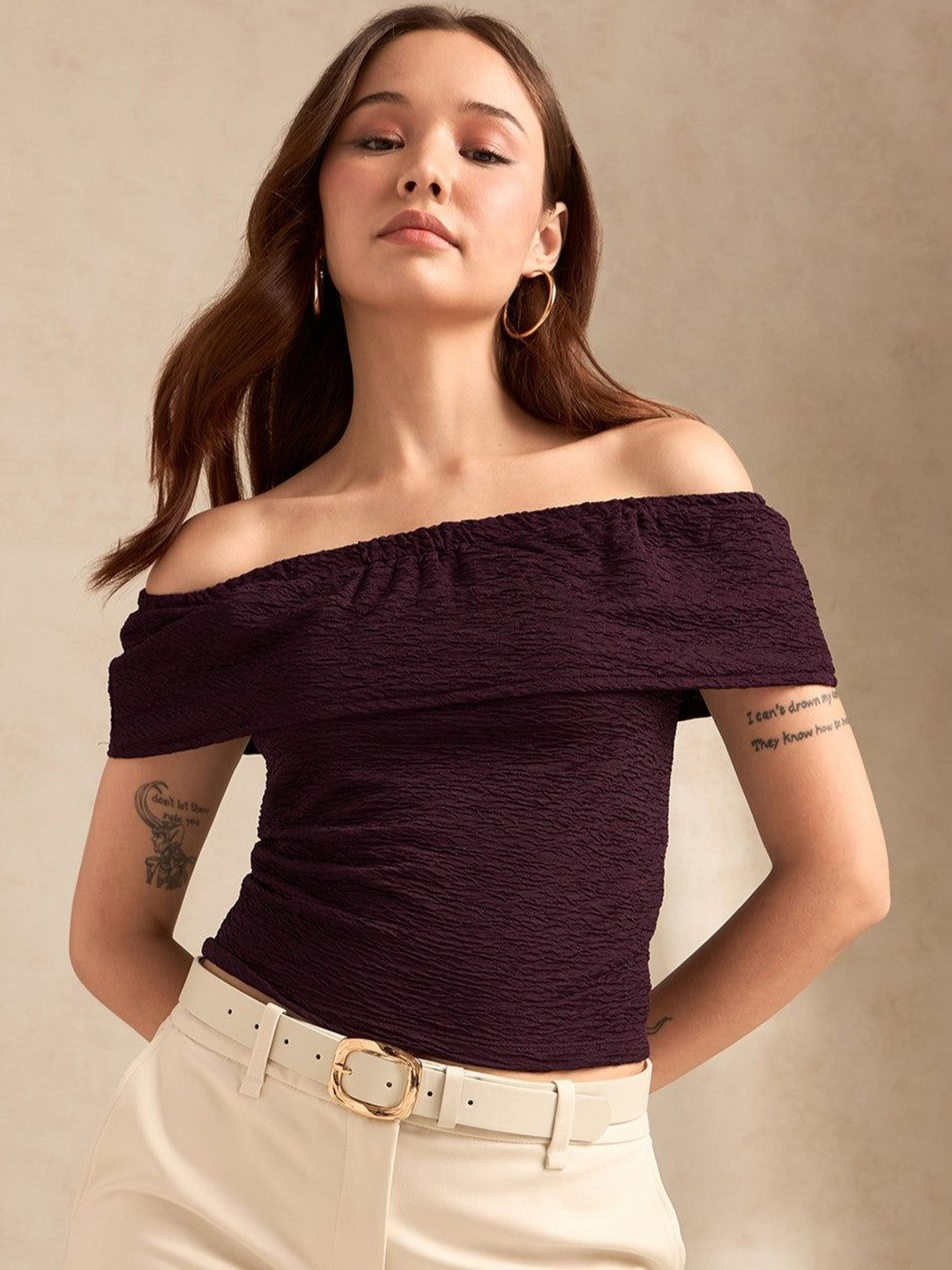 Outzidr Women Wine Textured Off-Shoulder Top - Casual Solid