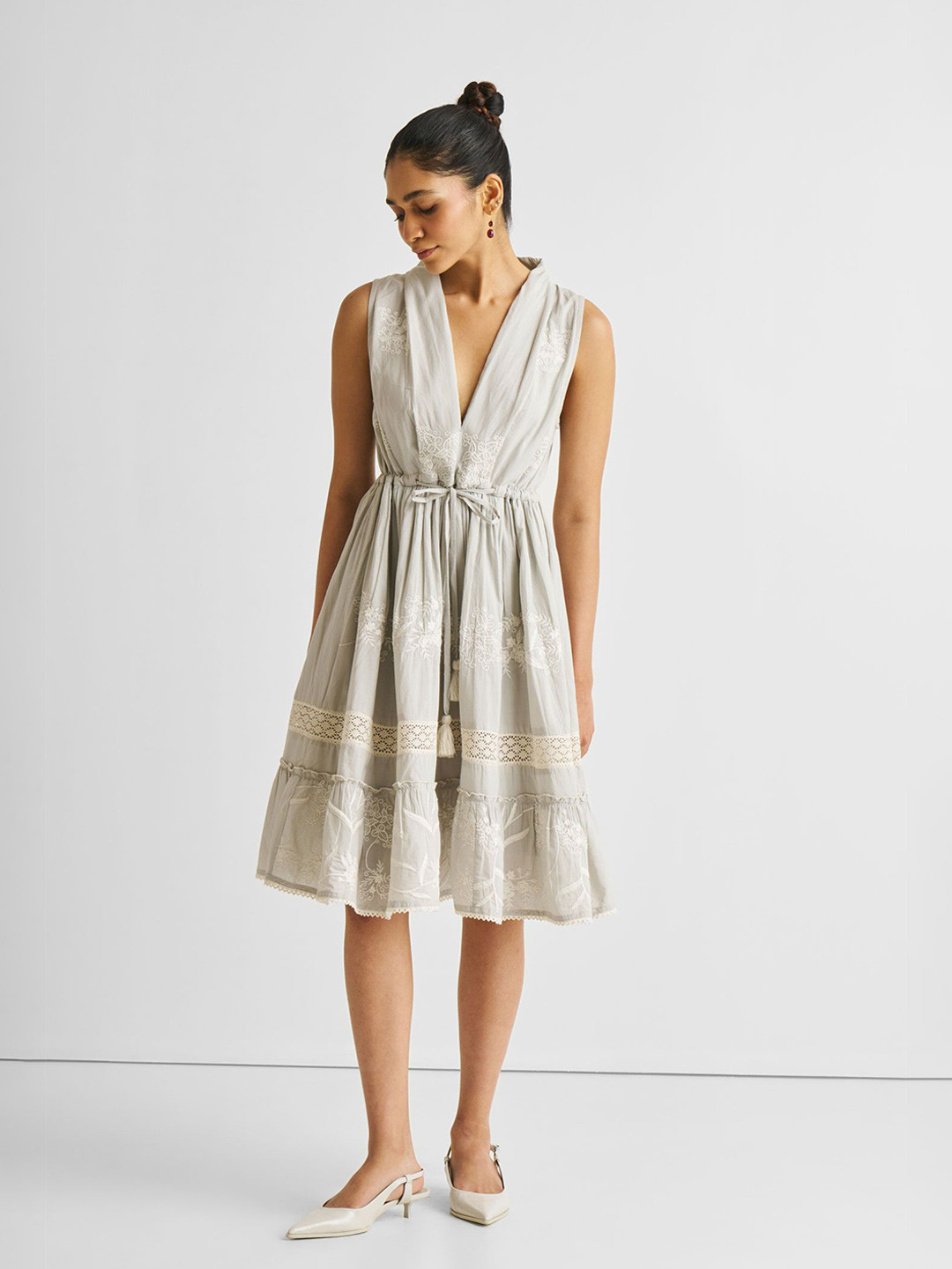 Reistor Women V-Neck Embroidered Fit & Flare Dress