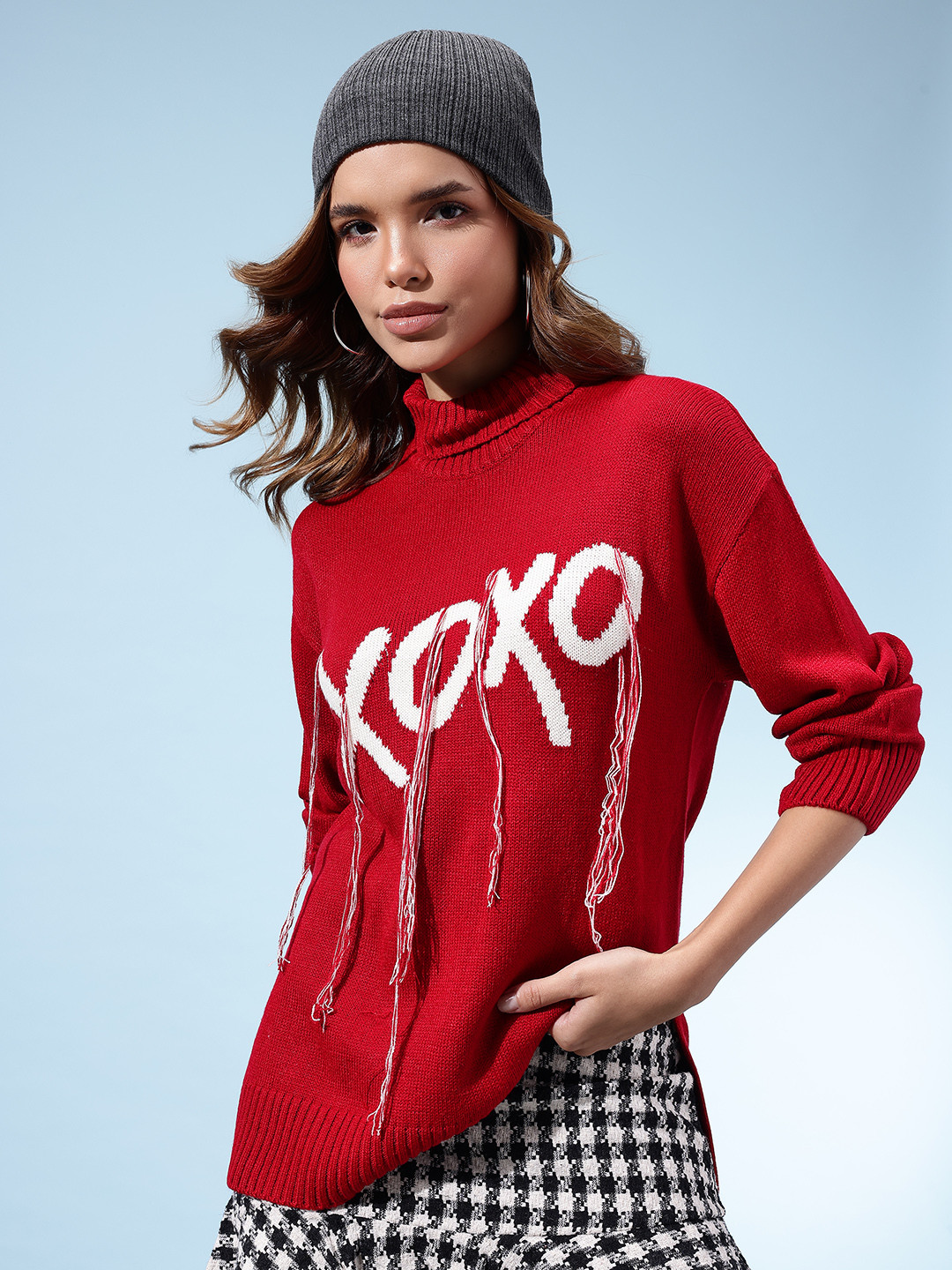 glitchez Typography Self-Design Turtle Neck Drop-Sleeves Acrylic Relaxed Fit Pullover