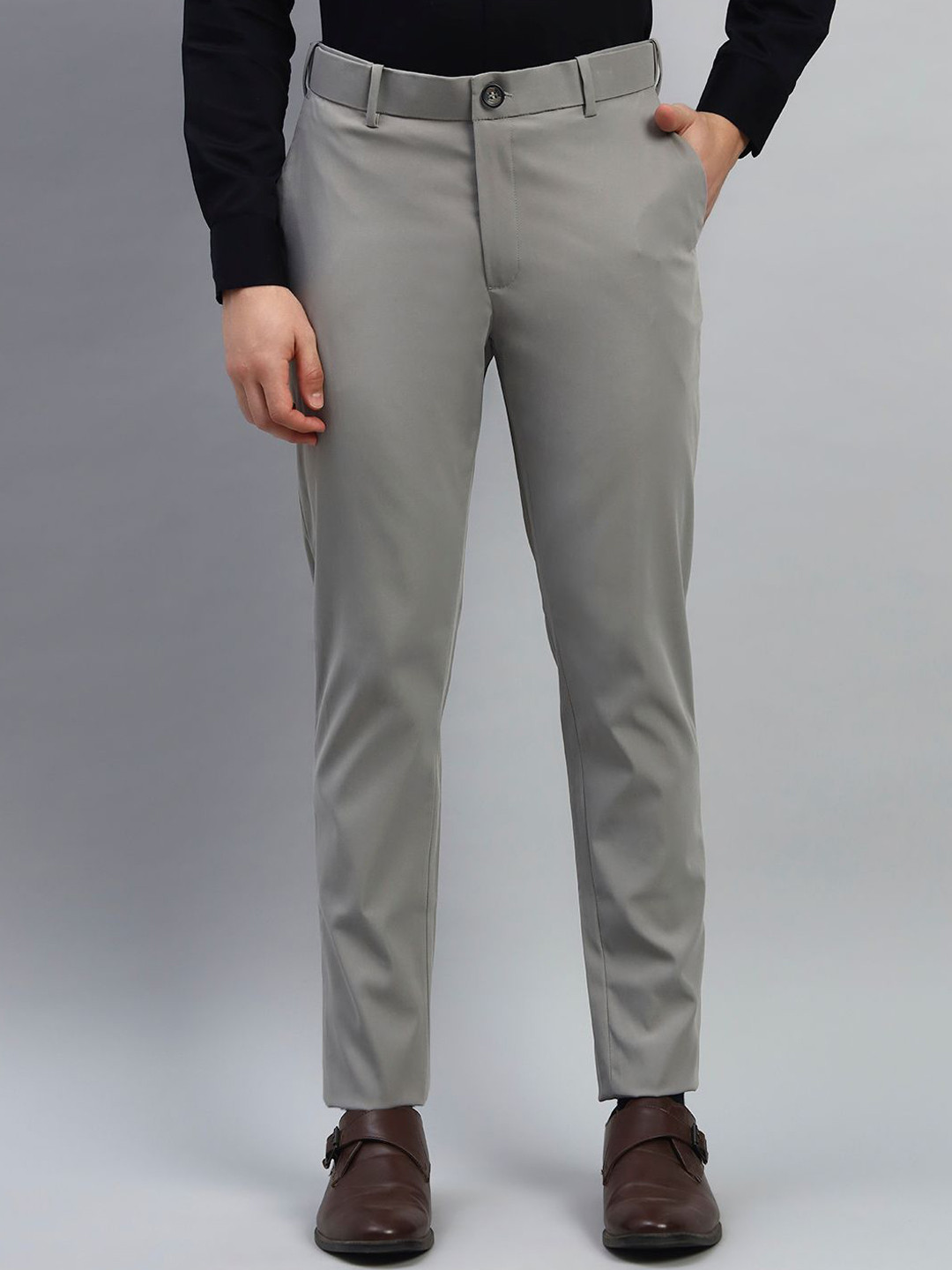 AXNIS Men Solid Slim Fit Wrinkle-Resistant Formal Trousers with Stretchable Waistband