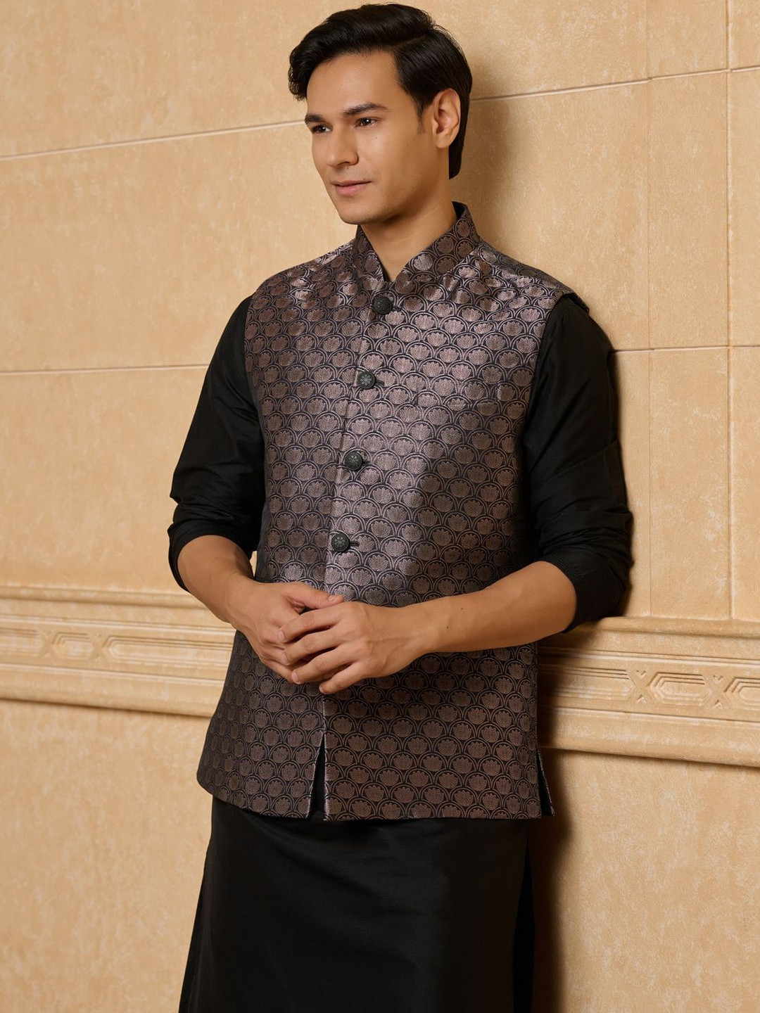 Tasva Men Long Sleeves Regular Brocade Straight Kurta with Trousers with Jacket Set