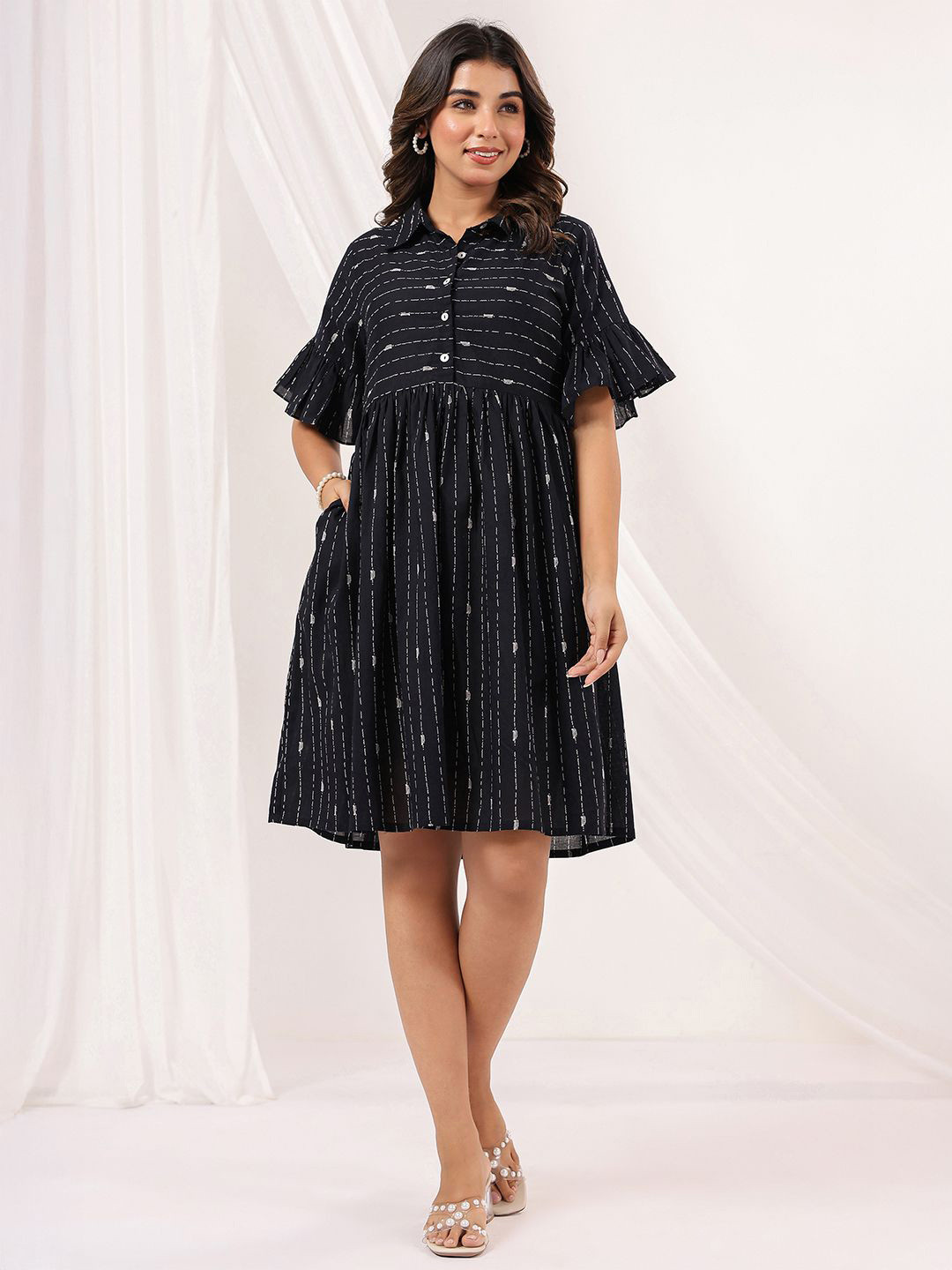 Janasya Women's Black Cotton Abstract Printed A-line Dress