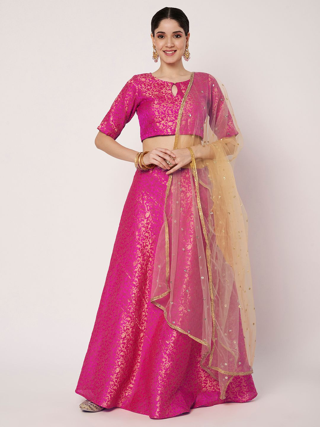 studio rasa Women Floral Round Neck Short Sleeves Lehenga & Blouse With Dupatta