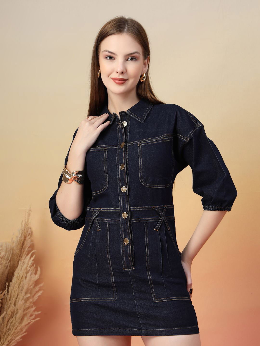 COSMIC TRIO Utility Pockets Denim Sheath Mini Dress