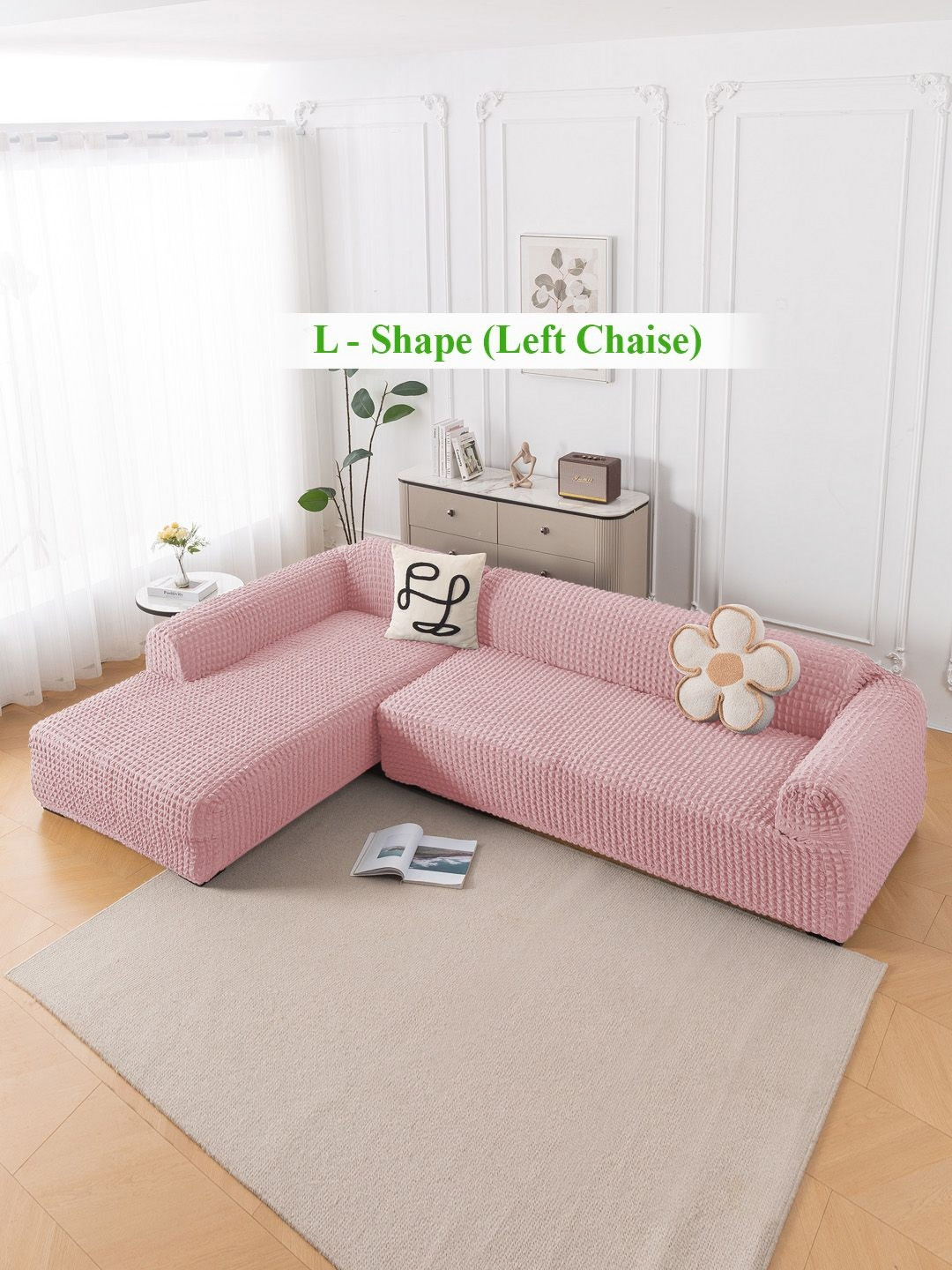 HOKIPO Pink 2 Pieces 280 GSM L Shape 6 Seater Anti Slip Sofa Cover With Arms
