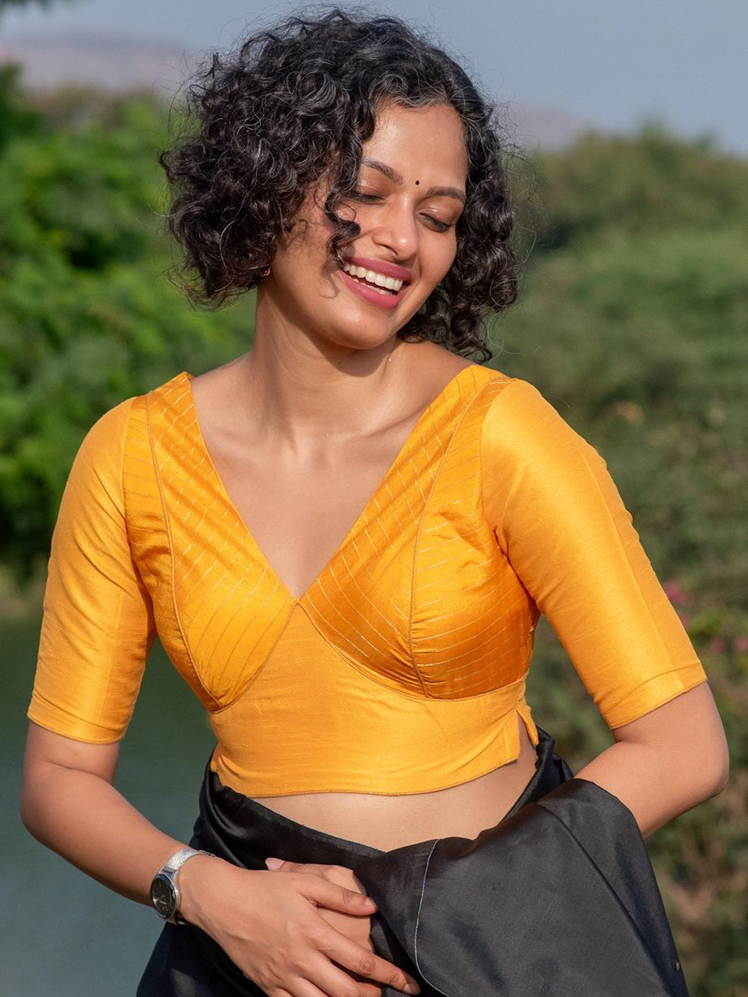 Suta Women V-Neck Yellow Chanderi Basic Blouse