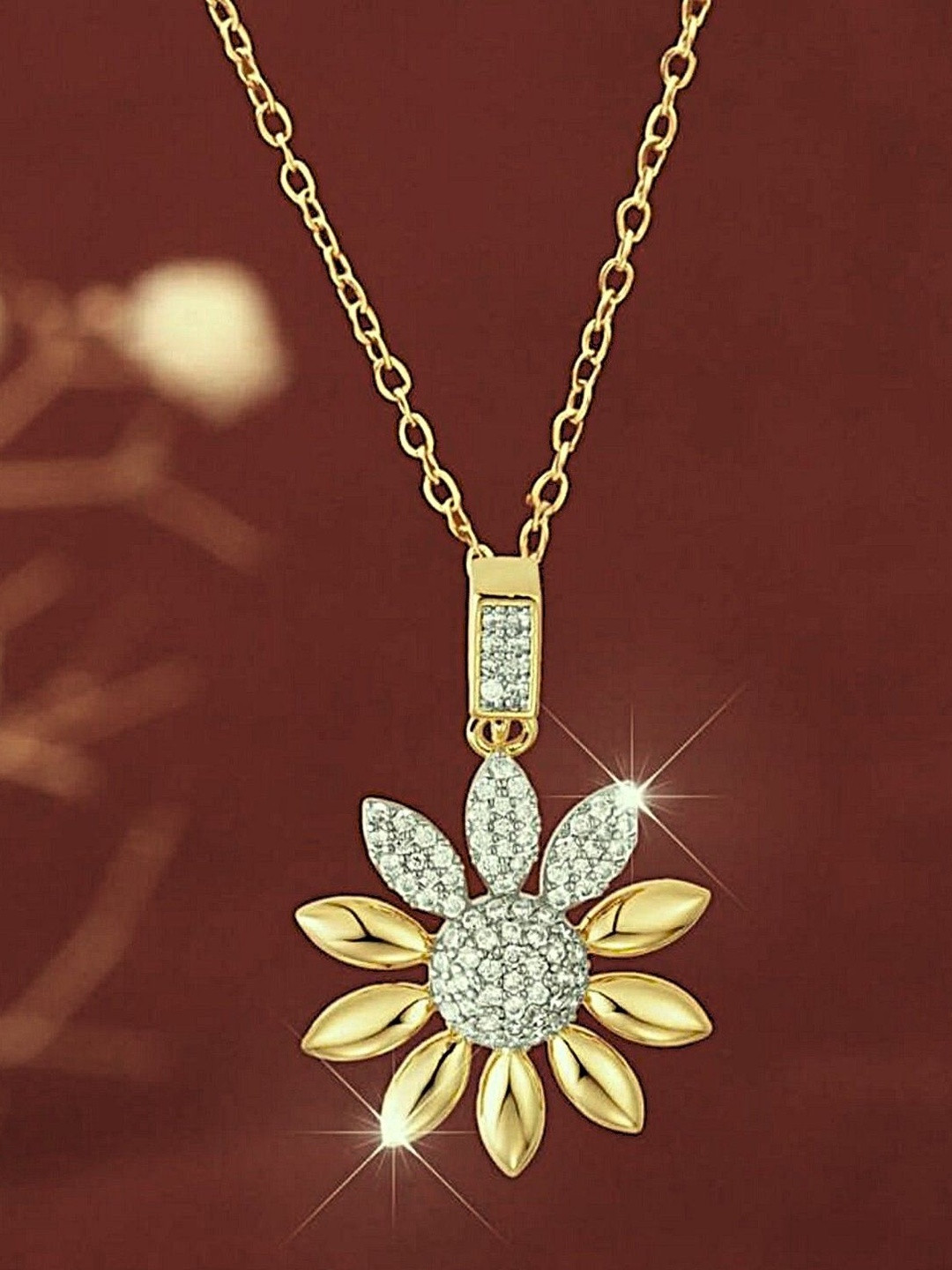 V FASHION JEWELLERY Stainless Steel CZ Studded Sunpetal Shaped Pendant With Chain