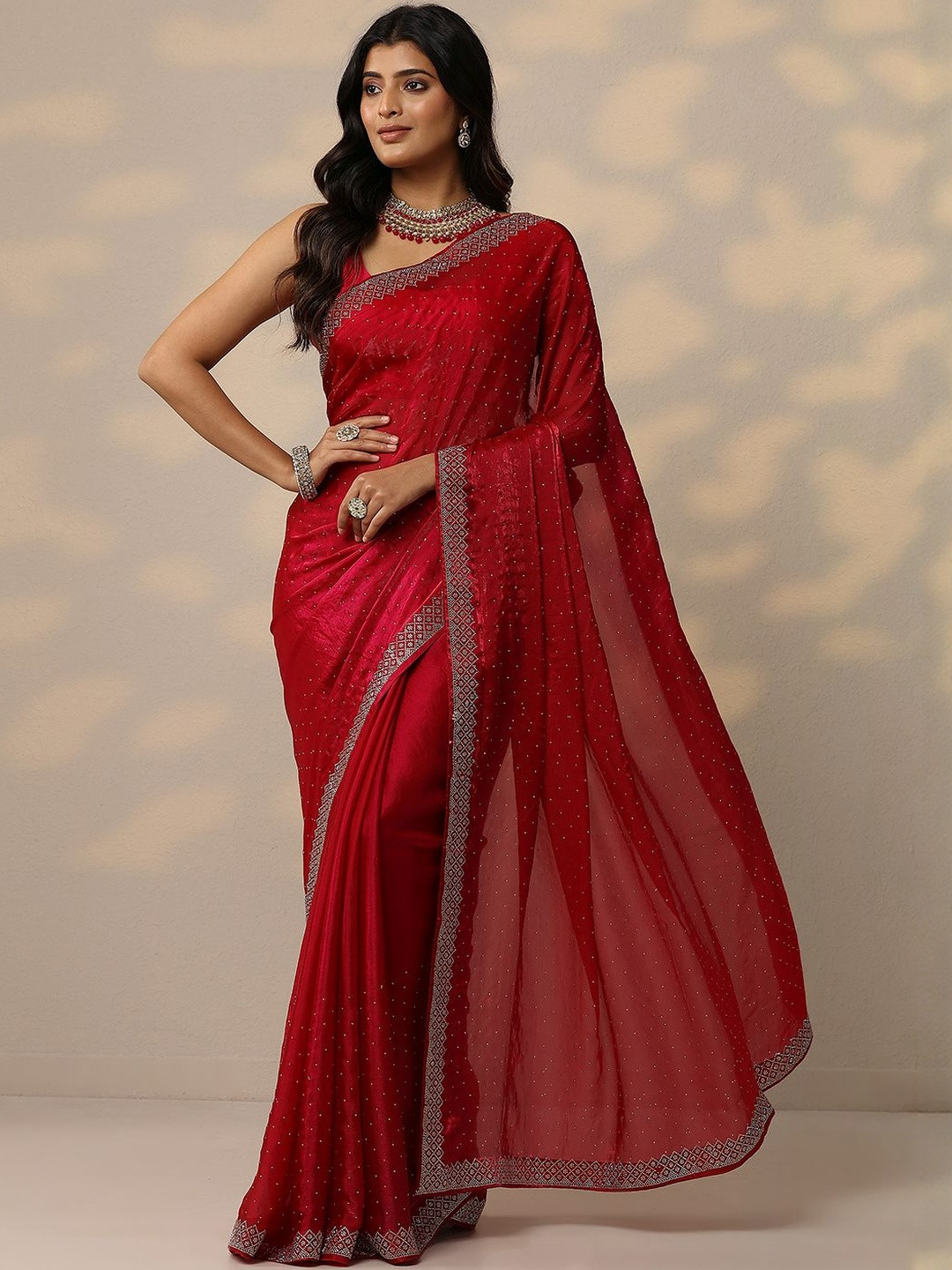 Libas Embellished Beads and Stones Organza Heavy Work  Saree With Blouse Piece