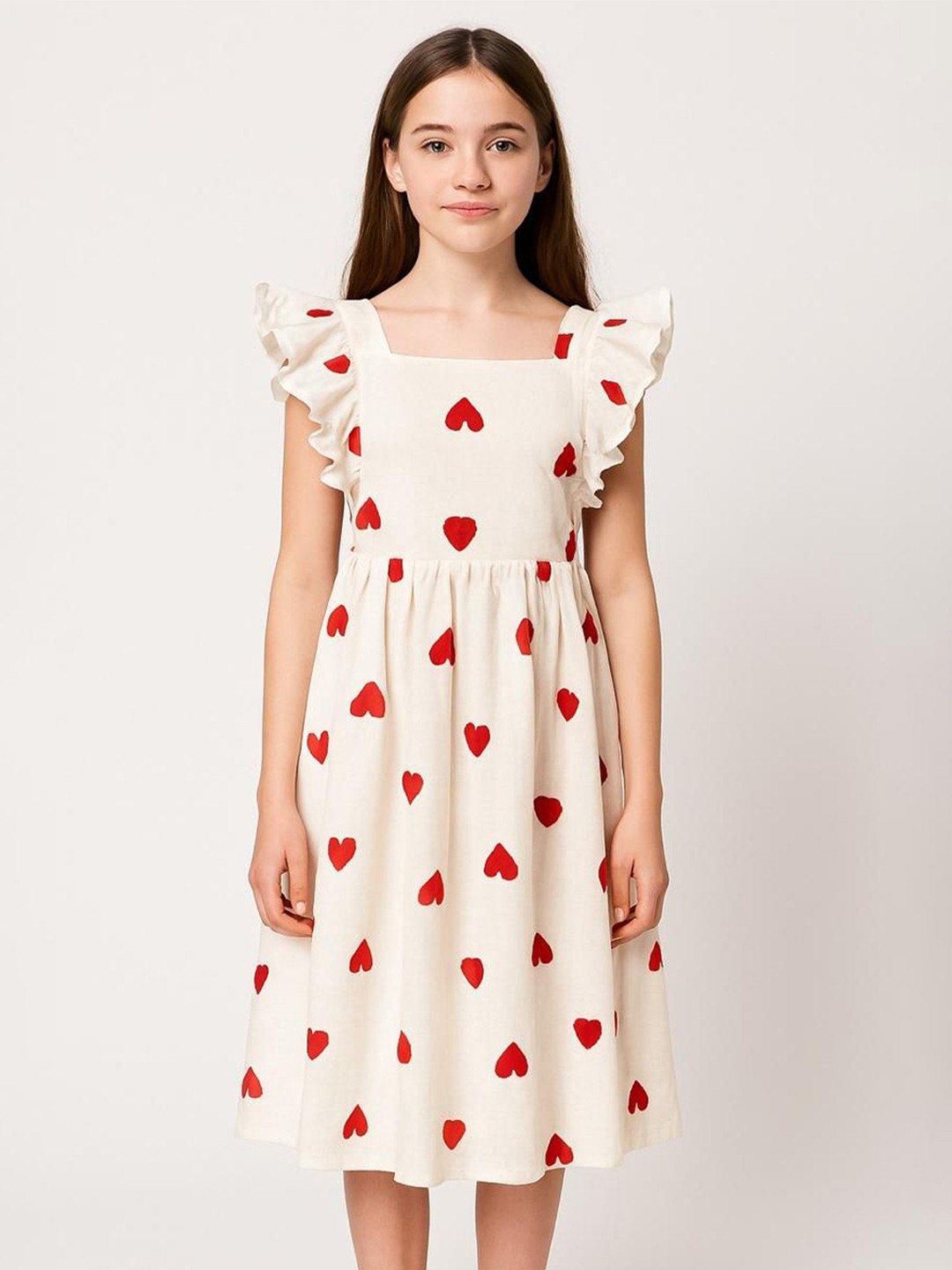 Galad Girls Heart Printed Square Neck Flutter Sleeve Cotton Fit & Flare Midi Dress