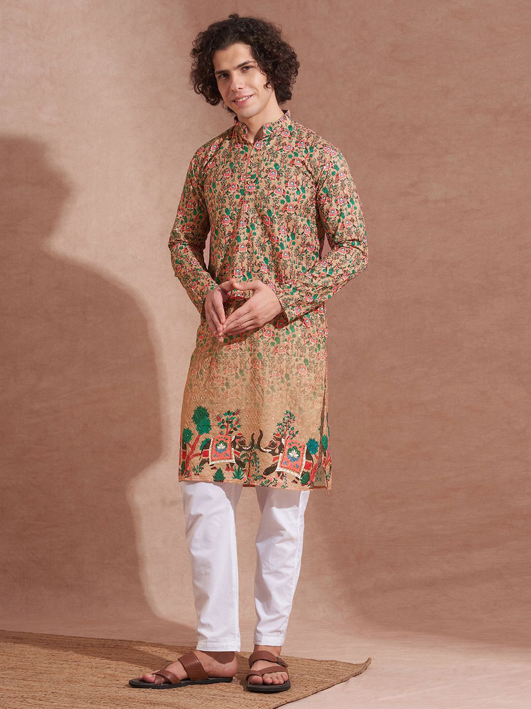 TRYBUY.IN Ethnic Motifs Printed Band Collar Chikankari Pure Cotton Kurta